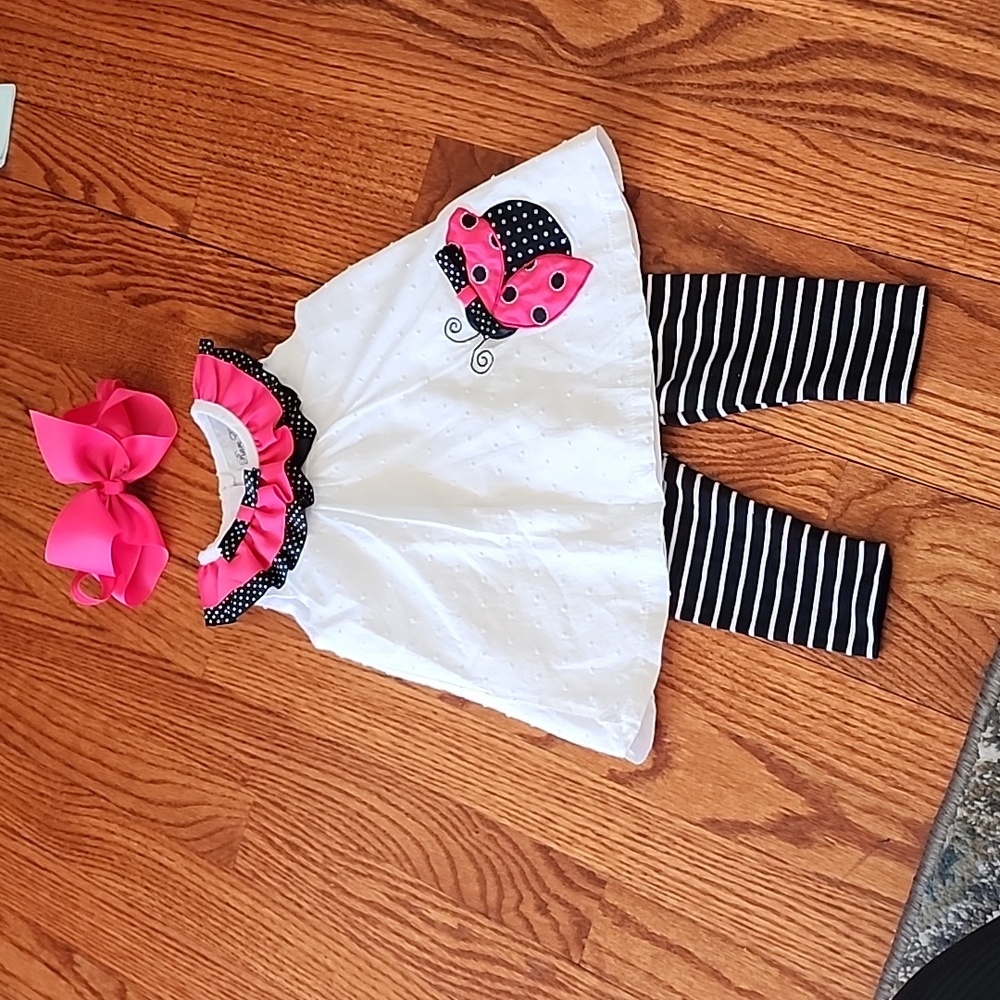New 6/9mon. lady bug top Rare Editions,pants Cat and Jack w/headband bow
